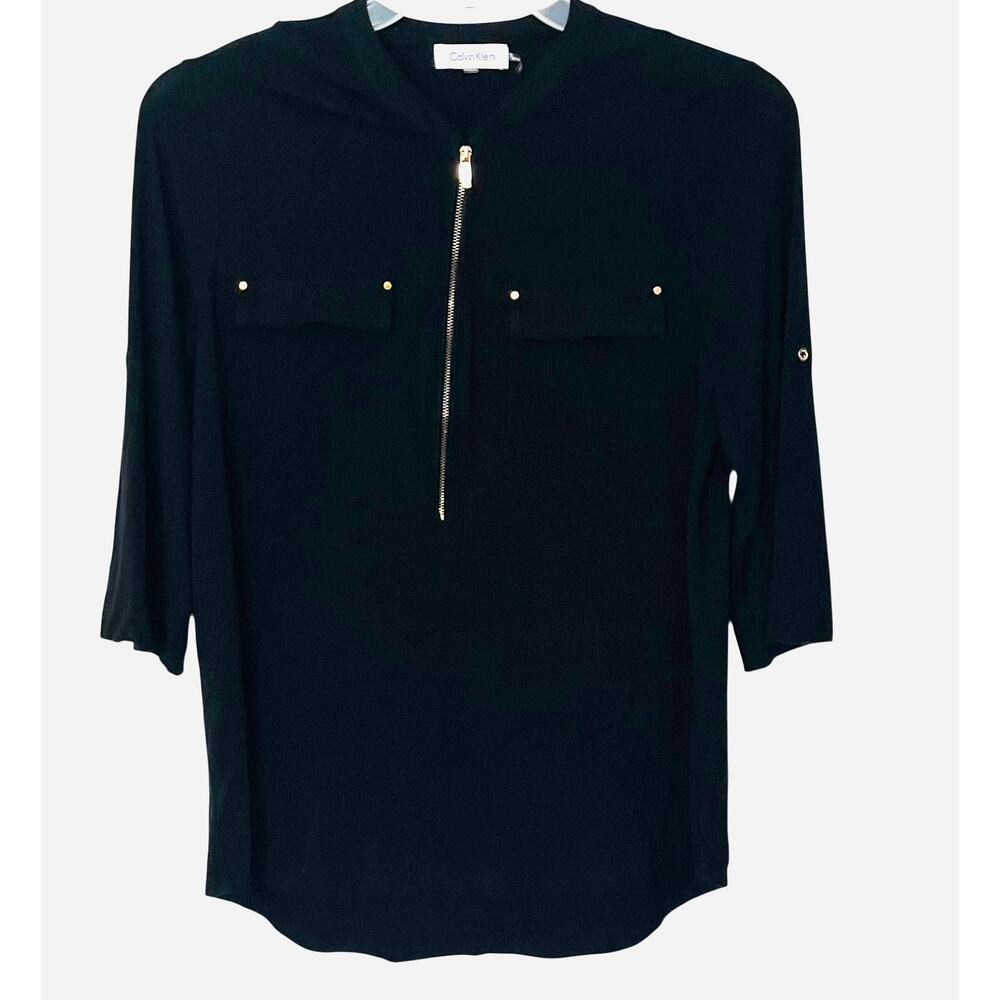 CALVIN KLEIN 3/4 SLV, PULL-OVER, FRONT QTR. ZIP, WOMENS, L, BLACK/GOLDTONE DECOR